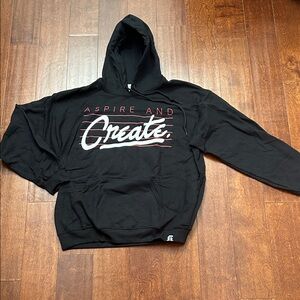 Aspire & Create Black Hoodie with White and Red Graphic Design, Size Large, NWOT